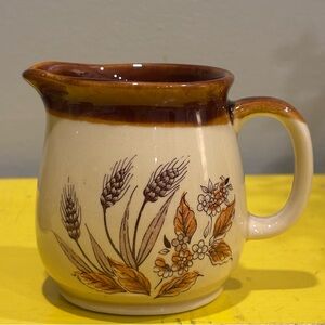 Vintage Brown&Cream Glazed Stonewear Creamer Wheat & Floral